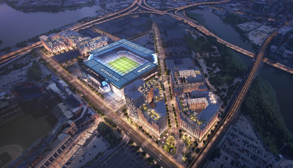 aerial image of upcoming NYCDC stadium within Willets Point redevelopment in Queens