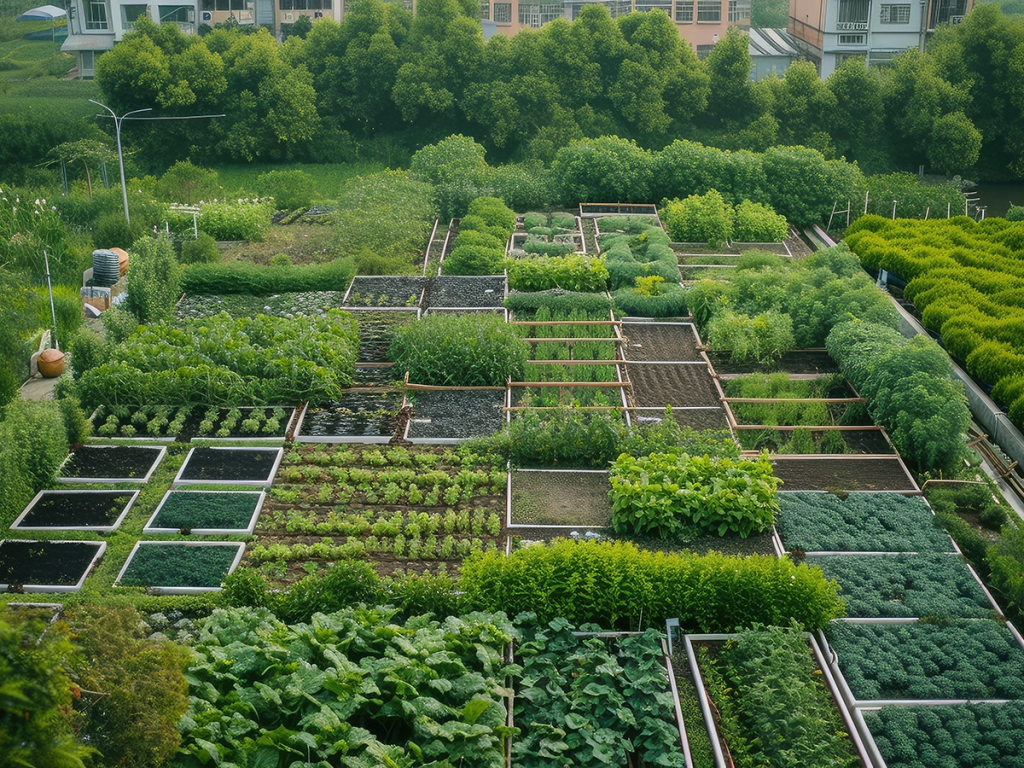 Picture of a communal garden with several plants arranged in small crops.