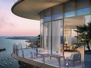 Rendering of one of the private terraces of the residences at Four Seasons Private Residences, a residential development in Coconut Grove, Miami.