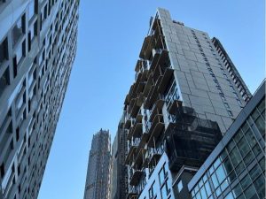 Worm's eye view of 102 Fleet, a 30-story luxury community in Brooklyn