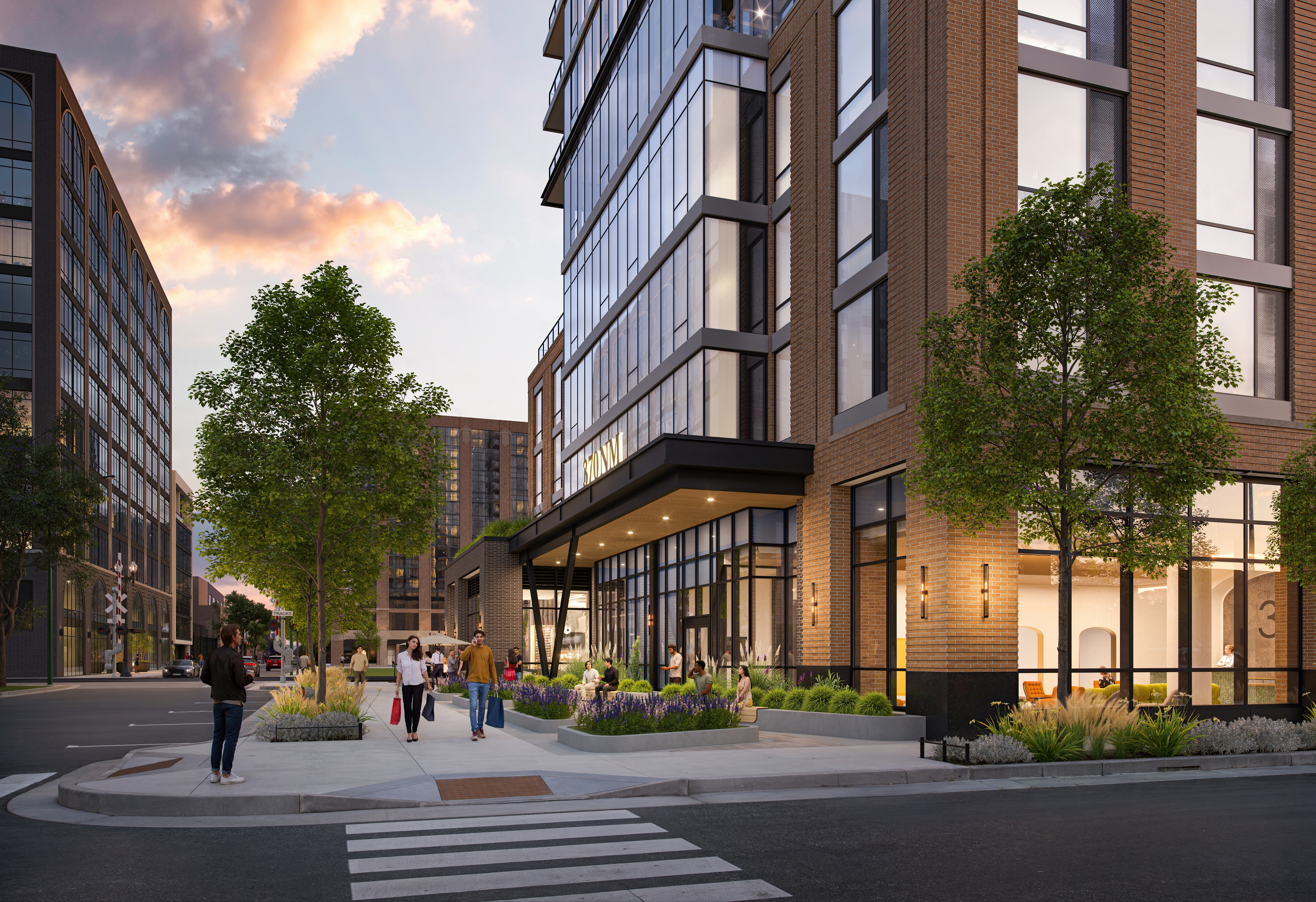 Street-side rendering of the entrance at Pearl Fulton Market.