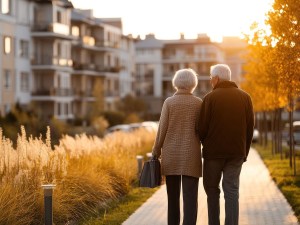 Exterior shot depicting an elderly couple walking toward a senior housing community.
