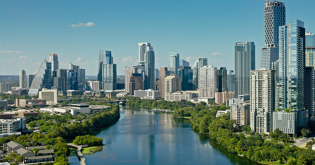 Aerial shot of Downtown Austin, Texas and Lady Bird Lake on a warm, sunny day.
• Authorization was obtained from the FAA for this operation in restricted airspace.