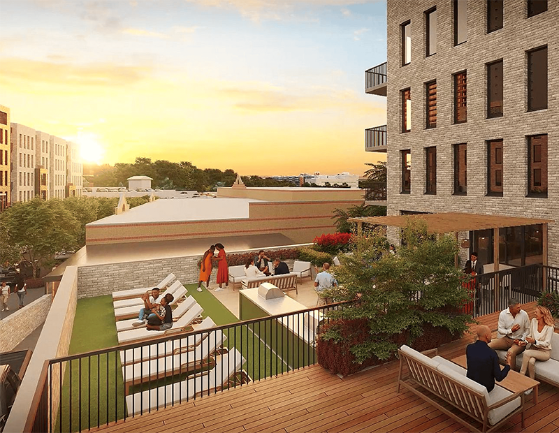 Rendering of a courtyard sunset at Bay Terrace Residences