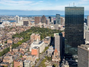 Panoramic aerial view of Downtown Boston and Boston Common public park, Massachusetts, USA