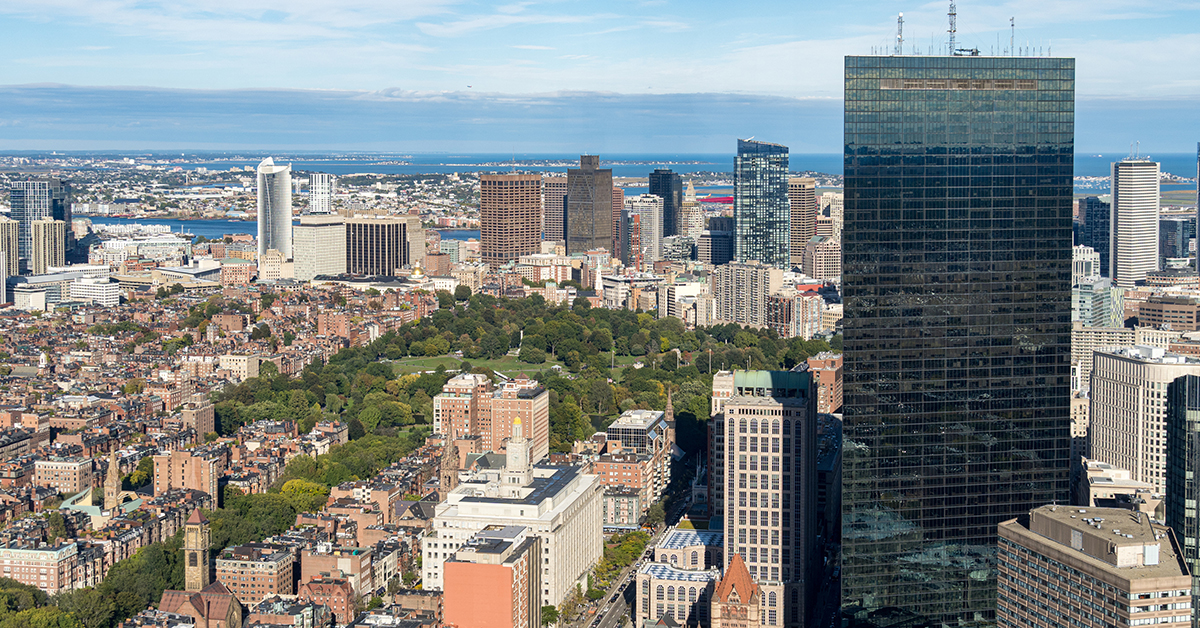 Panoramic aerial view of Downtown Boston and Boston Common public park, Massachusetts, USA