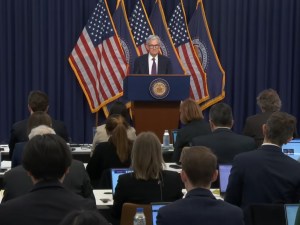 Federal Reserve Chair Jerome Powell speaks at the March 18th press conference following the announcement. Screenshot by Gabriel Frank