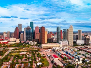 Downtown Houston business district. Aerial view of downtown Houston business district with modern high rises.