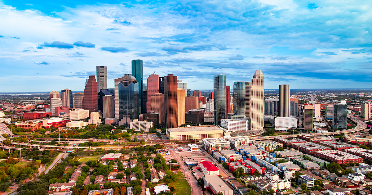 Downtown Houston business district. Aerial view of downtown Houston business district with modern high rises.