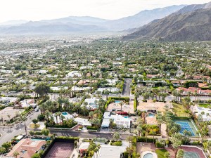 An aerial view of a Southern California desert neighborhood. This was taken in Vista Las Palmas Palm Springs California.