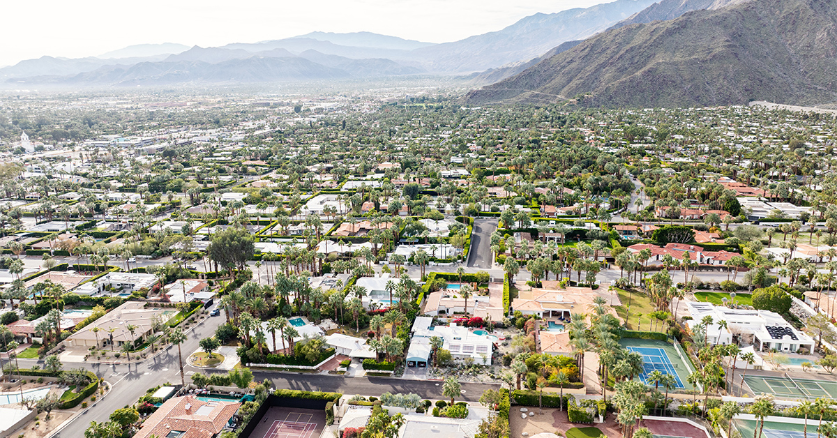 An aerial view of a Southern California desert neighborhood. This was taken in Vista Las Palmas Palm Springs California.