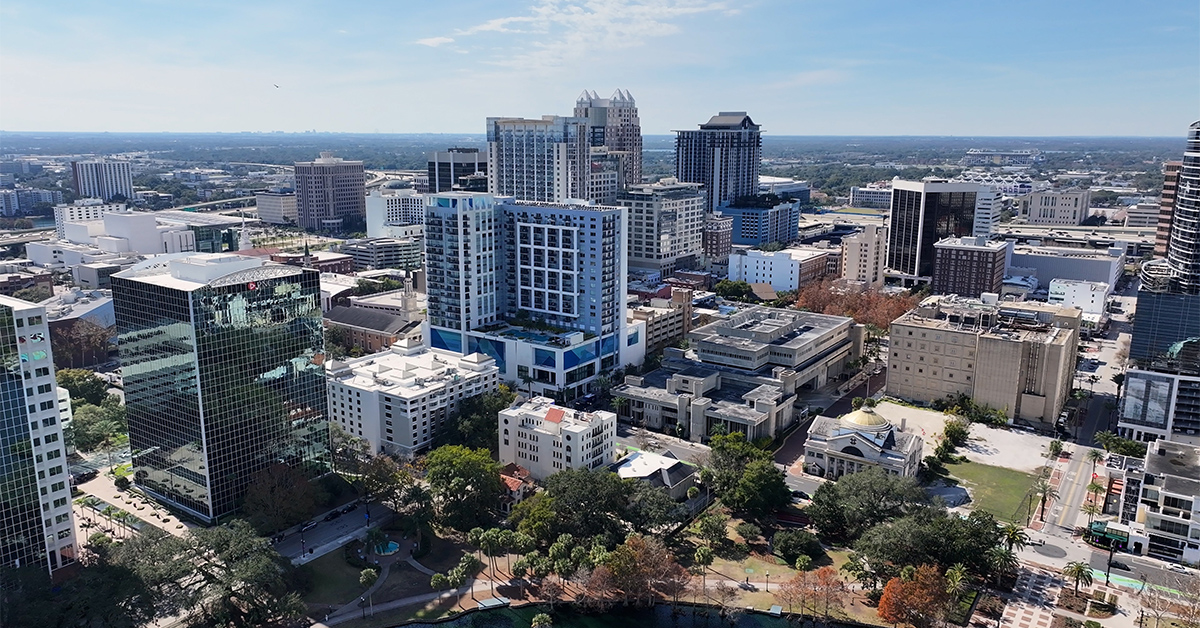 Orlando Skyline At Orlando In Florida United States. Downtown Cityscape. Corporate Buildings Background. Orlando At Florida United States. High Rise Buildings. Business District.