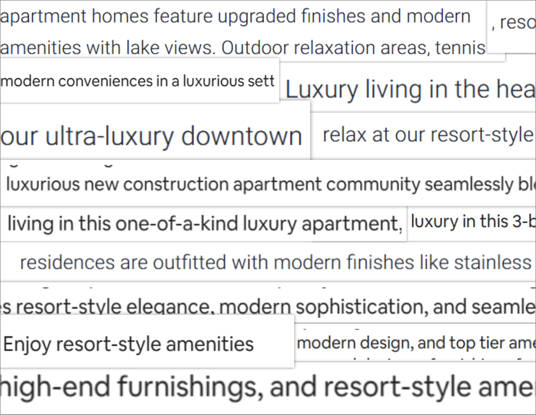 collage of overused keywords in AI-generated multifamily marketing