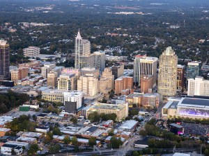 Downtown Raleigh aerial during dusk