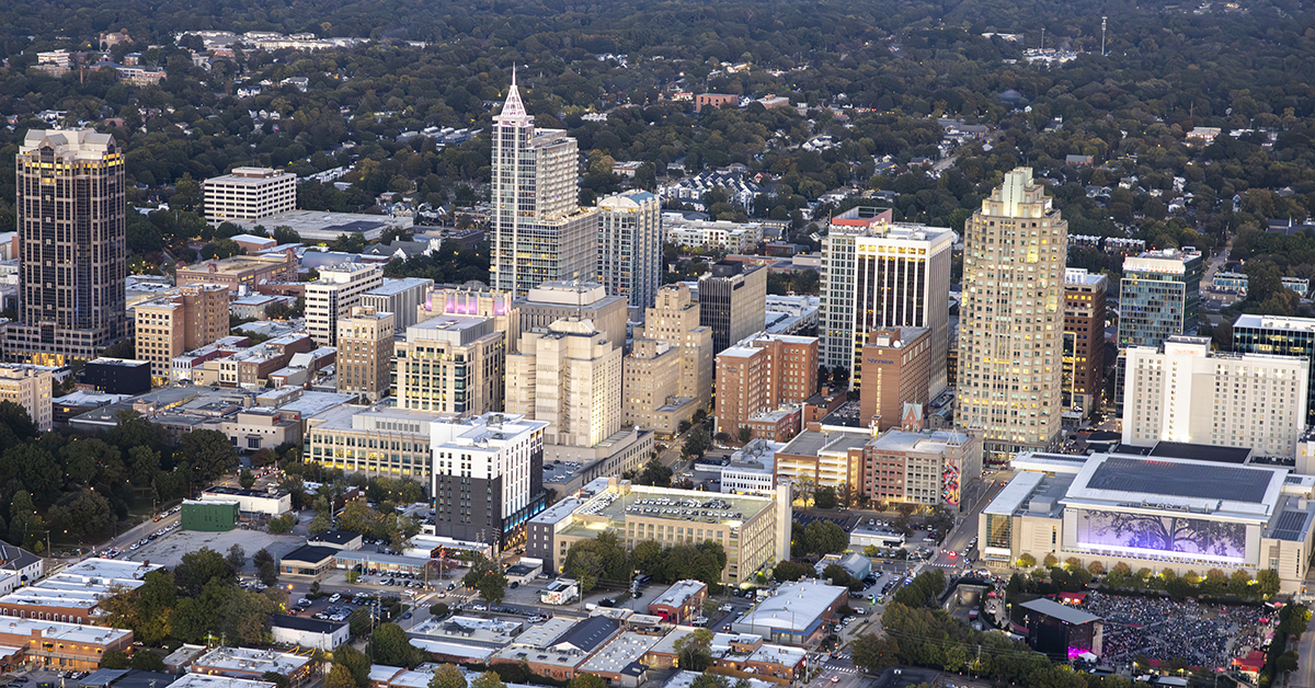 Downtown Raleigh aerial during dusk