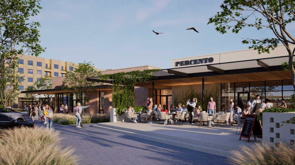 Exterior rendering of retail buildings at Riverline