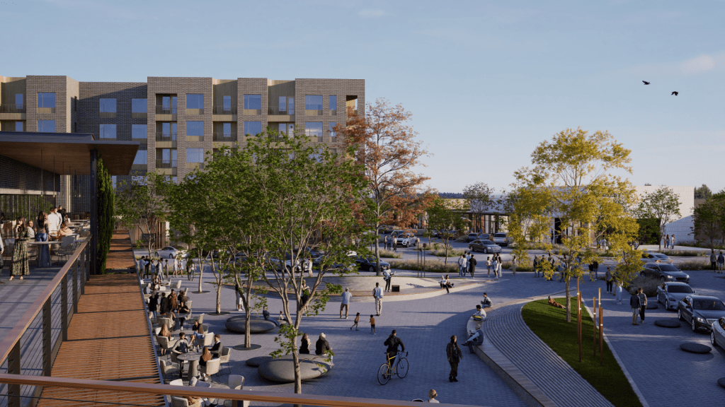 Exterior rendering of apartment buildings and public spaces at Riverline