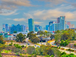 Lush foliage fills the hillside in front of San Diego skyline which is a city on the Pacific coast of California known for its beaches, parks and warm climate