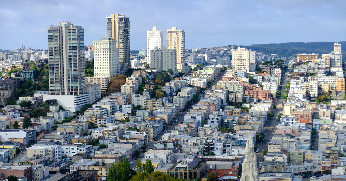 13 OCT 2025 - San Francisco, USA - A view from above of the streets and city of San Francisco