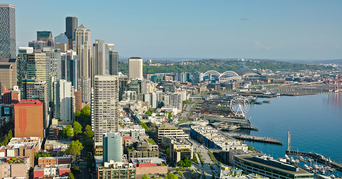 Aerial shot of Downtown Seattle on a sunny day in spring.
Authorization was obtained from the FAA for this operation in restricted airspace.