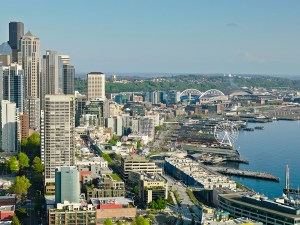 Aerial shot of Downtown Seattle on a sunny day in spring. Authorization was obtained from the FAA for this operation in restricted airspace.