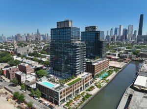 Aerial shot of Society Brooklyn, a two-tower residential community in Brooklyn.