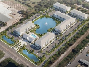 Aerial rendering featuring Tallevast, a multifamily project in Sarasota, Fla.