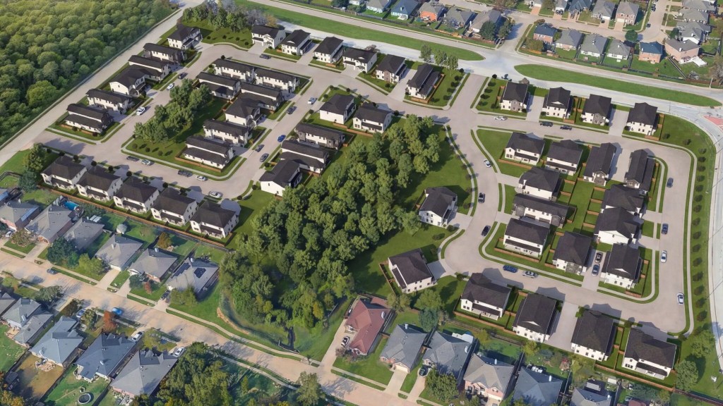 A rendering of Teasley Crossing, a 100-home build-to-rent community taking shape in Denton, Texas