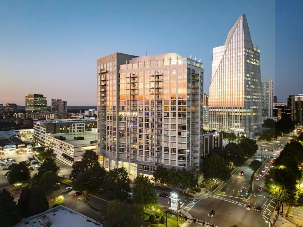 Exterior shot of The Tower on Piedmont, an Atlanta community.