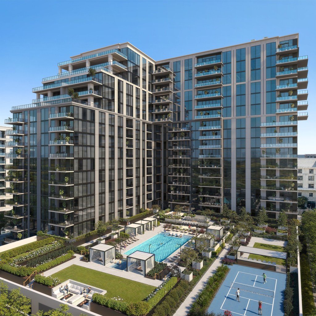 Rendering of the outdoor amenities at Elyse Buckhead, featuring the swimming pool and a pickleball court.