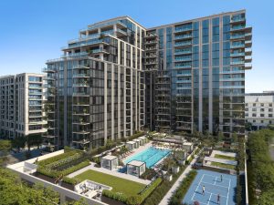 Rendering of the outdoor amenities at Elyse Buckhead, featuring the swimming pool and a pickleball court.