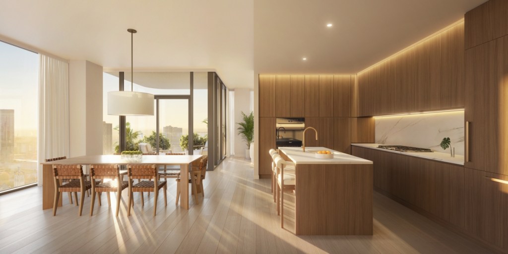 Spacious modern kitchen with warm wood cabinetry and sleek marble accents. An island with bar stools stands near a dining table. Large windows let in soft sunlight.