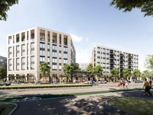 A rendering of the multifamily project taking shape at the former site of Greyhound facility in Richmond, Va.