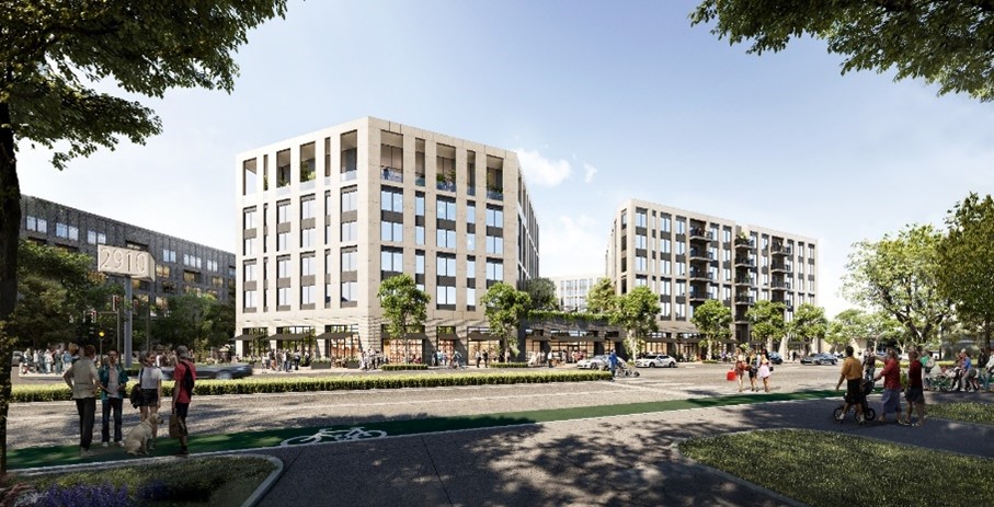 A rendering of the multifamily project taking shape at the former site of Greyhound facility in Richmond, Va.