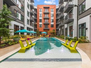 A photo of Bishop Momo, a recently completed 274-unit multifamily community in Austin, Texas, developed by United Properties that has secured a $47 million refinance loan from Mesa West Capital.