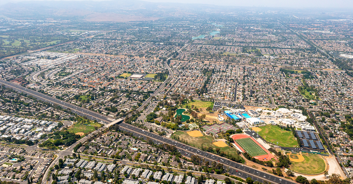 California suburbs in South Orange County from a drone point of view.