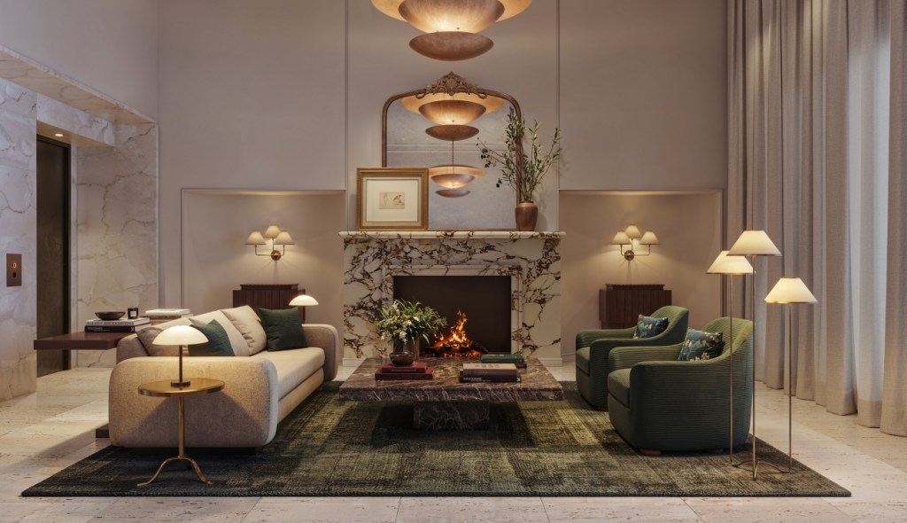 Luxurious living room with a marble fireplace, warm lighting, plush beige sofa, green armchairs. A cozy rug and elegant decor create a calming ambiance.