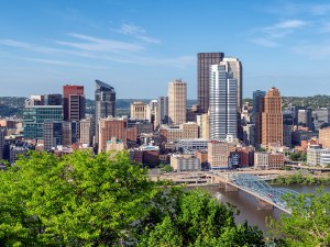Pittsburgh city skyline from Grandview Overlook at sunset in Pittsburg, Pennsylvania, USA.