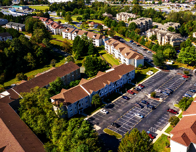 Aerial view of Rio Hill Apartments in Charlottesville, Va.