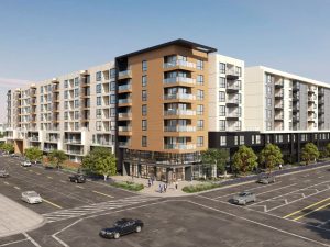 A rendering of The Carina, a 408-unit multifamily property in Santa Ana, Calif., in Orange County that is being built as part of the MainPlace Mall repositioning.