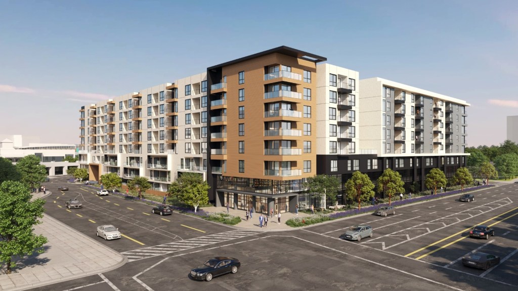 A rendering of The Carina, a 408-unit multifamily property in Santa Ana, Calif., in Orange County that is being built as part of the MainPlace Mall repositioning.