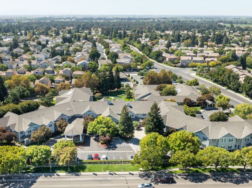 Exterior shot of The Commons on Thornton, a 100-unit, assisted living and memory care community in Stockton, Calif.