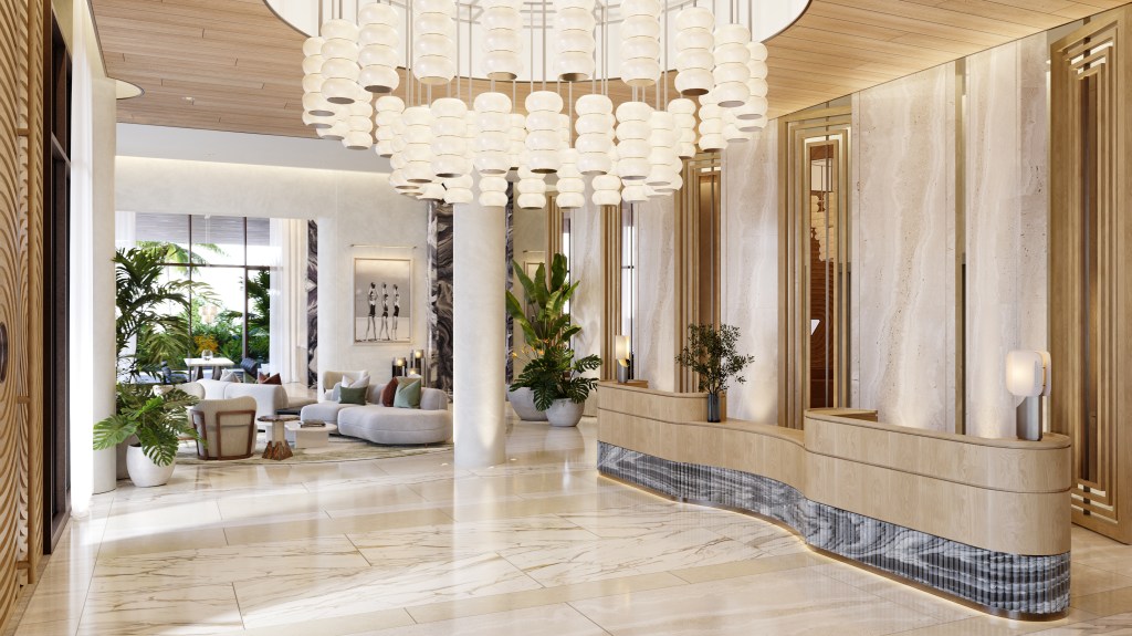 Rendering of the reception area at Icon Beach.