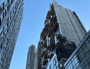 Worm's eye view of 102 Fleet, a 30-story luxury community in Brooklyn