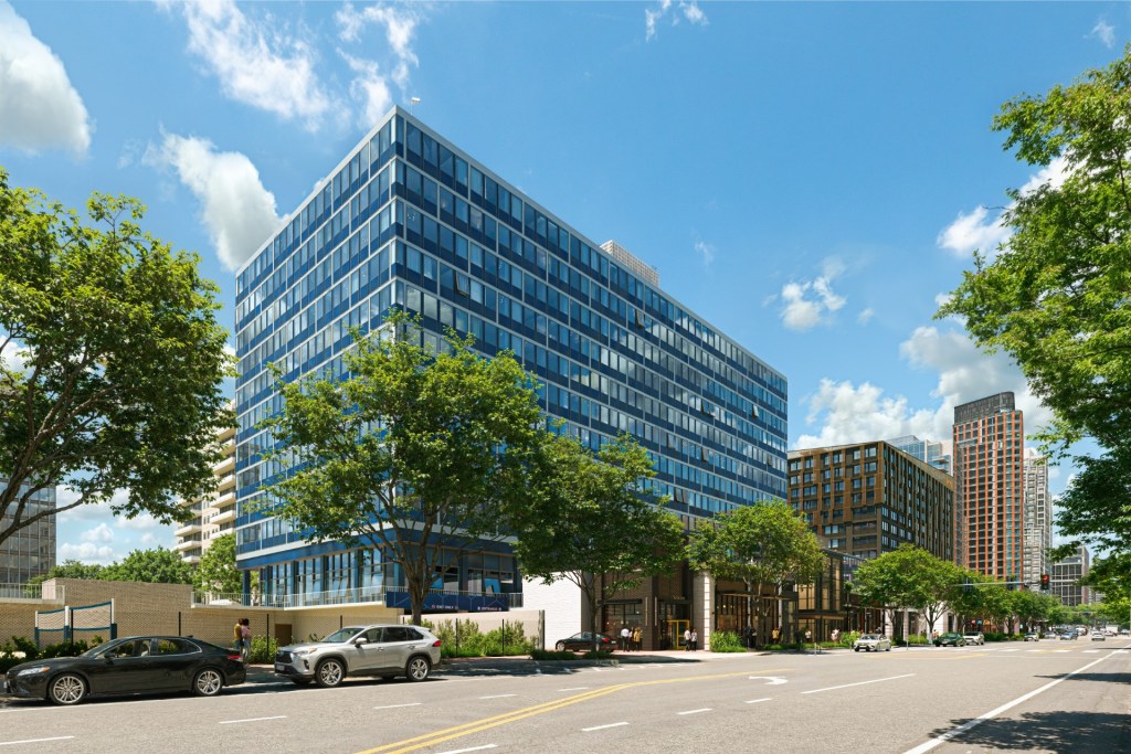 A rendering of 2200 Crystal Drive, a former office building in National Landing in Northern Virginia that is being transformed by JBG SMITH into 195 multifamily units. It is the firm's most recent office-to-residential conversion in the region, where it has completed more than 1,500 units of conversions.