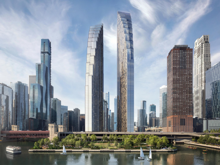 Exterior rendering featuring the two-tower multifamily project, dubbed 400 Lake Shore, one of the hallmarks of multifamily development across the Midwest markets, set to rise in Chicago