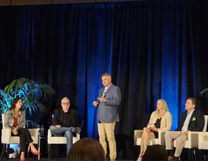 AIM 2026 fee transparency panel. Left to right: Brandy Daniel, BH Management; Brent Steiner, Engrain; Greg Benson, Greystar; Catriona Banks-Orosco, Reach by RentCafe; and Stuart Richens, Apartments.com.