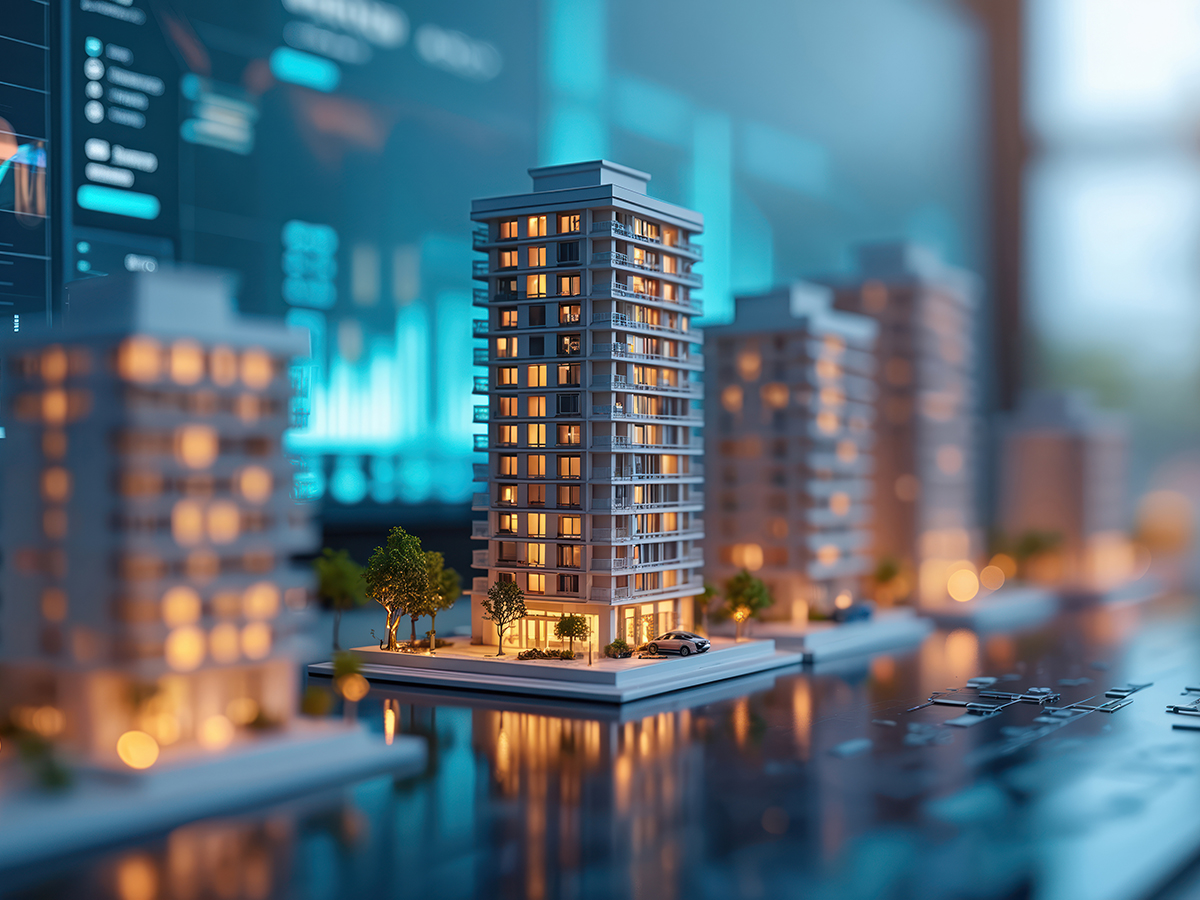Miniature apartment buildings models displayed on screen with data charts. Modern real estate market use of tech, for property listings and analysis. Future urban development concepts.