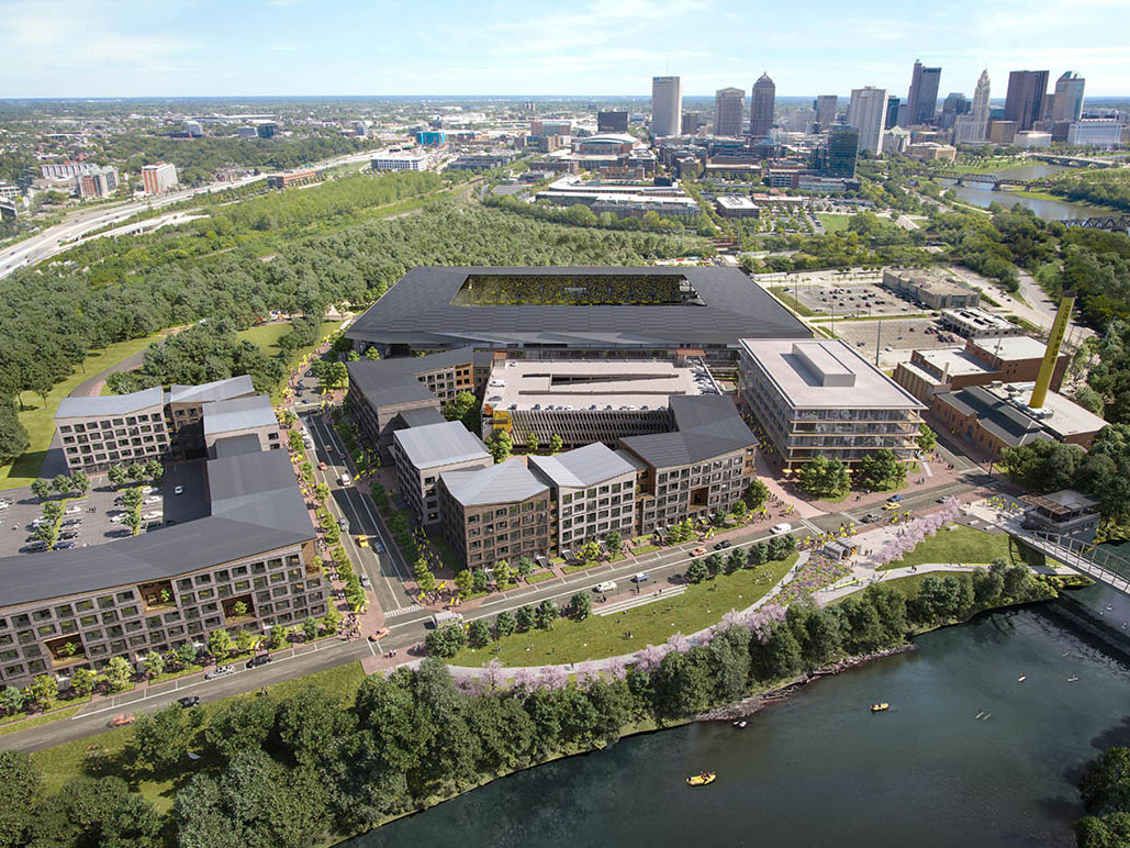 Aerial shot featuring a rendering of Astor Park, a mixed-use project in Columbus, Ohio.