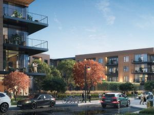 A rendering of the first multifamily phase of the Belle Oaks Marketplace development.